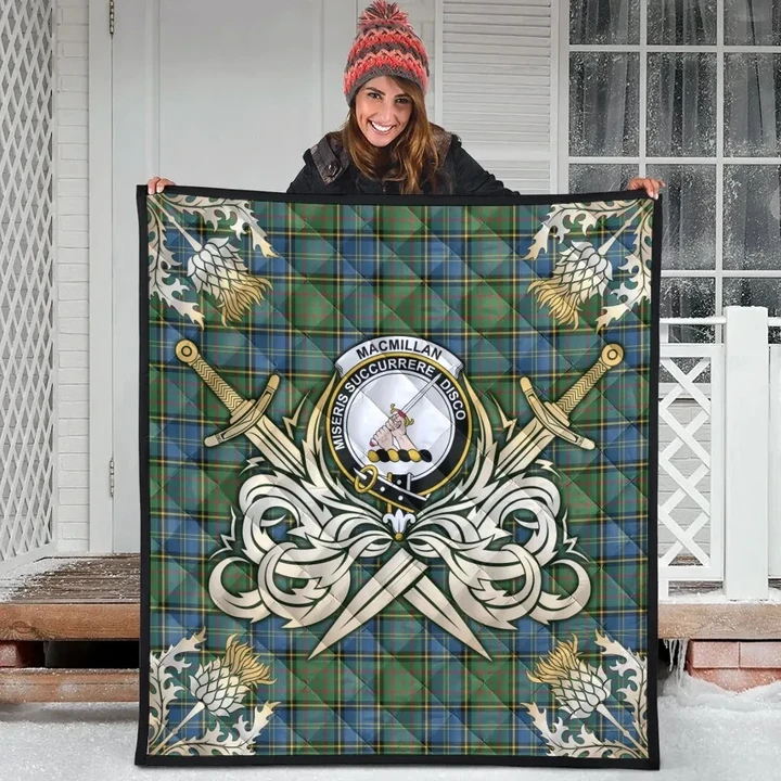 MacMillan Hunting Ancient Clan Crest Tartan Scotland Thistle Symbol Gold Royal Premium Quilt