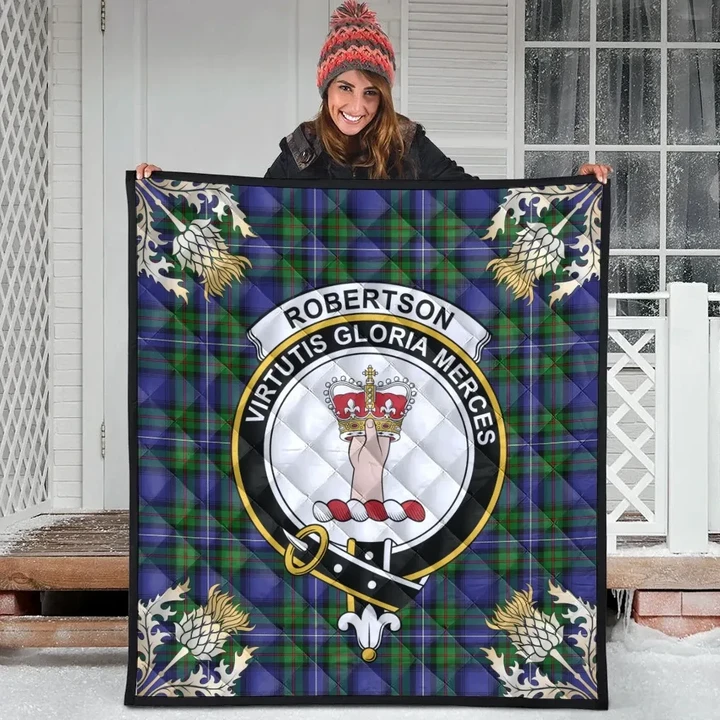 Robertson Hunting Modern Clan Crest Tartan Scotland Thistle Gold Pattern Premium Quilt