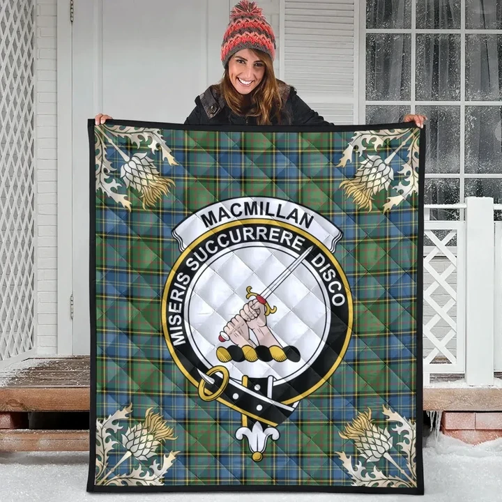 MacMillan Hunting Ancient Clan Crest Tartan Scotland Thistle Gold Pattern Premium Quilt
