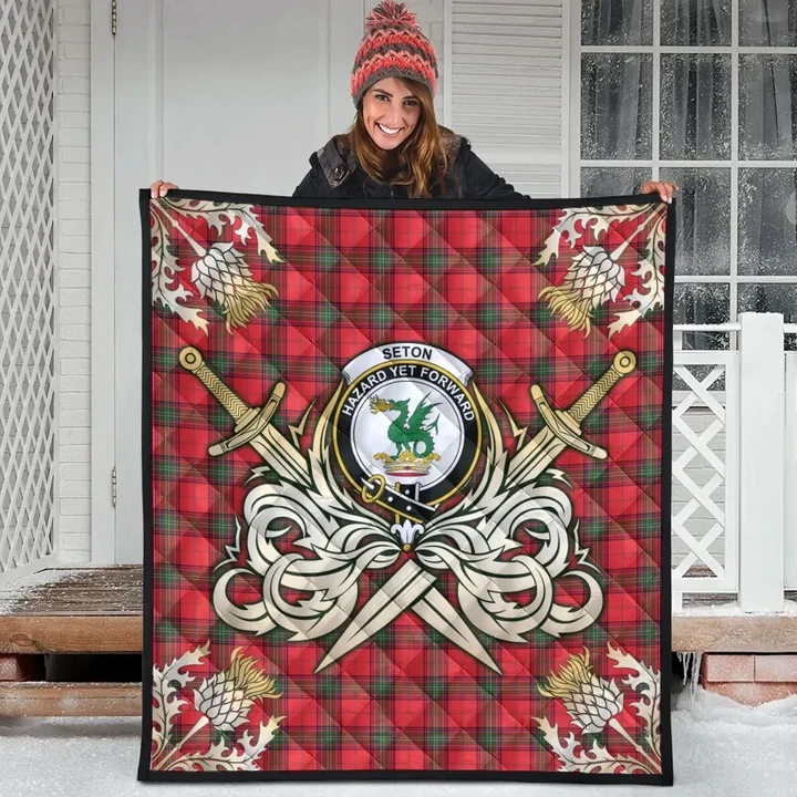 Seton Modern Clan Crest Tartan Scotland Thistle Symbol Gold Royal Premium Quilt