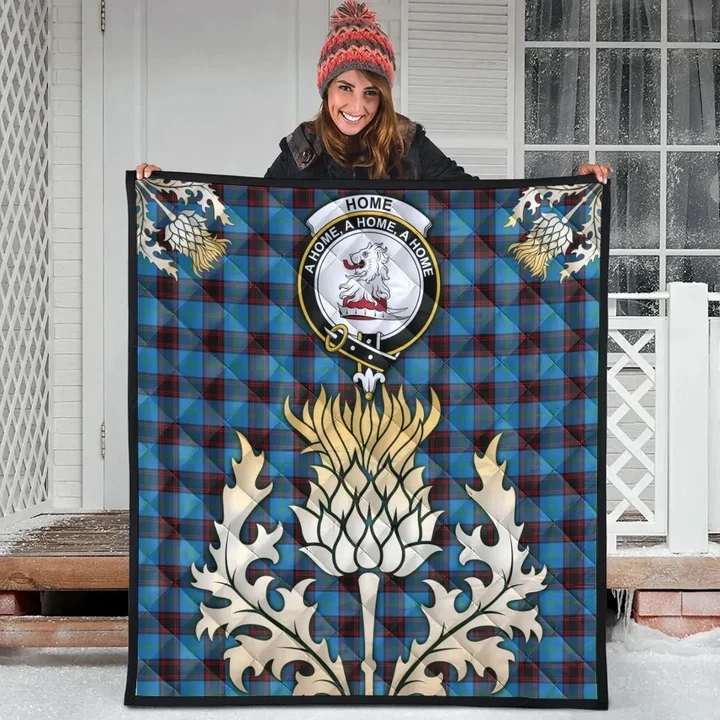 Home Ancient Clan Crest Tartan Scotland Thistle Gold Royal Premium Quilt
