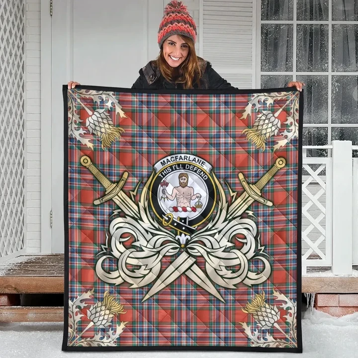 MacFarlane Ancient Clan Crest Tartan Scotland Thistle Symbol Gold Royal Premium Quilt