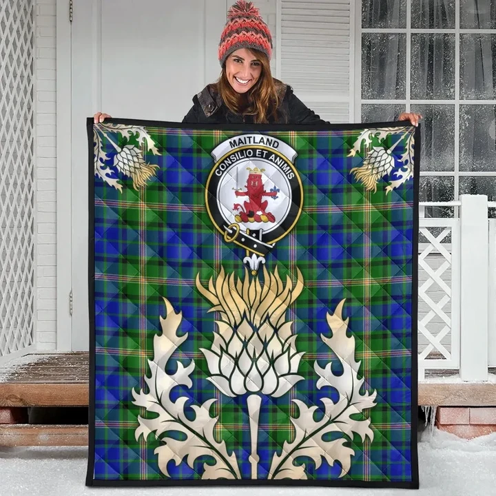 Maitland Clan Crest Tartan Scotland Thistle Gold Royal Premium Quilt