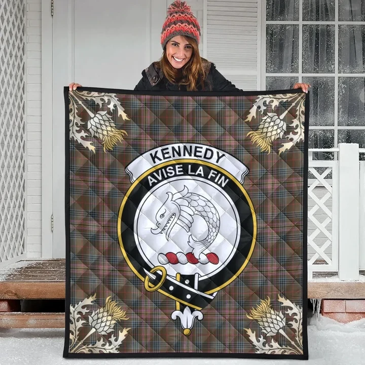 Kennedy Weathered Clan Crest Tartan Scotland Thistle Gold Pattern Premium Quilt