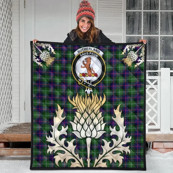 Sutherland Modern Clan Crest Tartan Scotland Thistle Gold Royal Premium Quilt