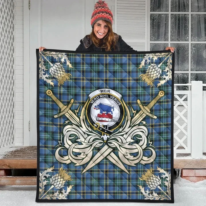 Weir Ancient Clan Crest Tartan Scotland Thistle Symbol Gold Royal Premium Quilt