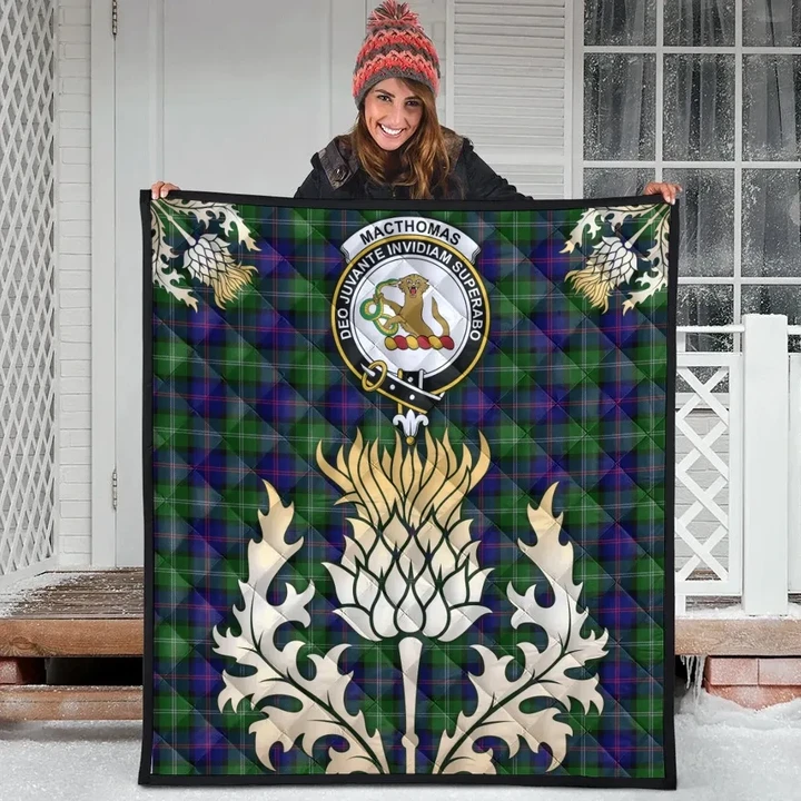 MacThomas Modern Clan Crest Tartan Scotland Thistle Gold Royal Premium Quilt