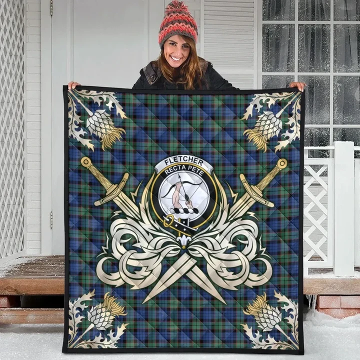 Fletcher Ancient Clan Crest Tartan Scotland Thistle Symbol Gold Royal Premium Quilt