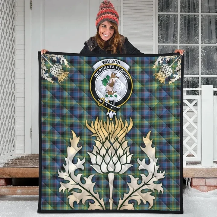 Watson Ancient Clan Crest Tartan Scotland Thistle Gold Royal Premium Quilt