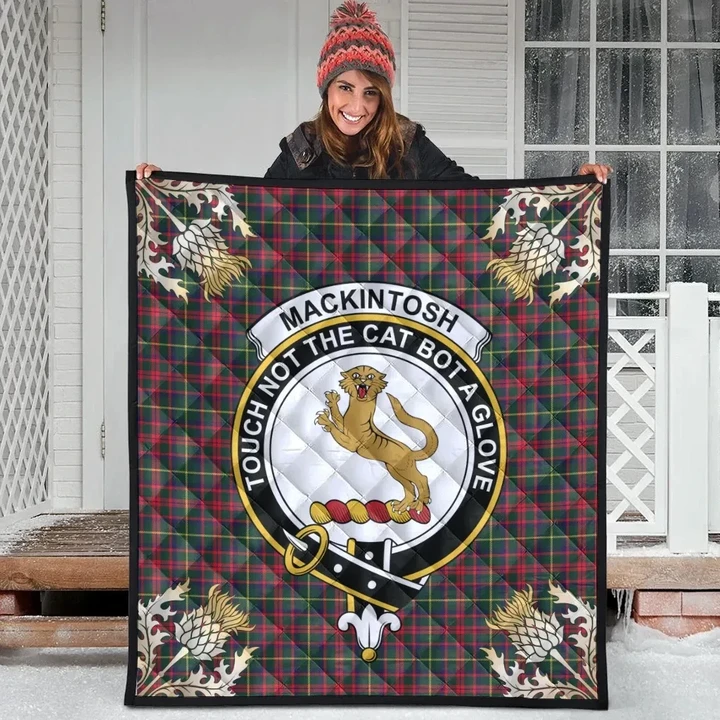 MacKintosh Hunting Modern Clan Crest Tartan Scotland Thistle Gold Pattern Premium Quilt