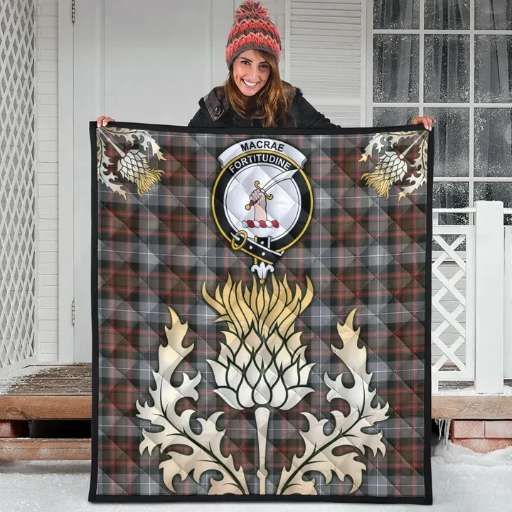 MacRae Hunting Weathered Clan Crest Tartan Scotland Thistle Gold Royal Premium Quilt