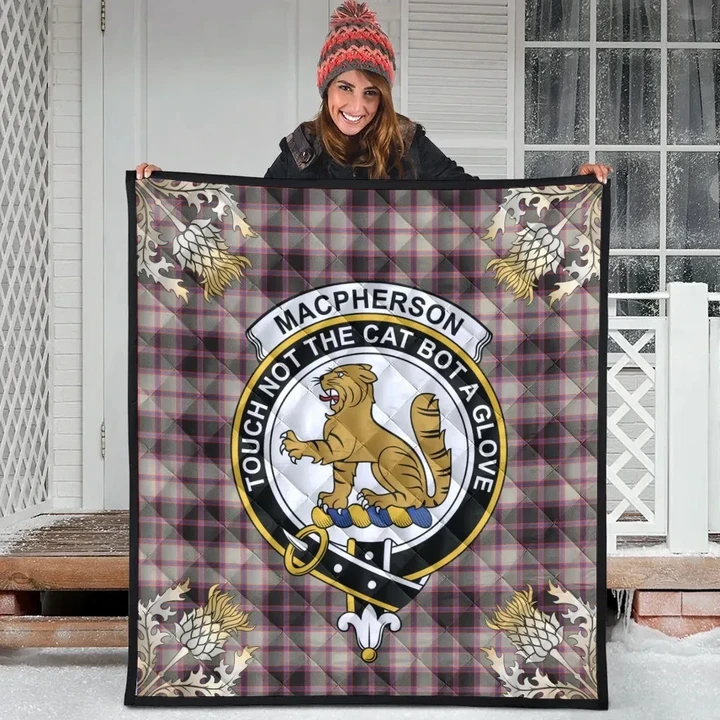MacPherson Hunting Ancient Clan Crest Tartan Scotland Thistle Gold Pattern Premium Quilt