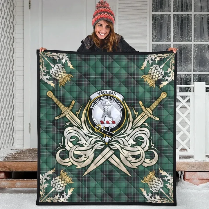 MacLean Hunting Ancient Clan Crest Tartan Scotland Thistle Symbol Gold Royal Premium Quilt