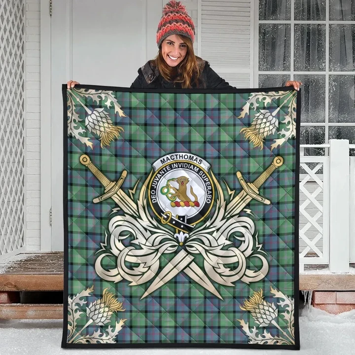 MacThomas Ancient Clan Crest Tartan Scotland Thistle Symbol Gold Royal Premium Quilt
