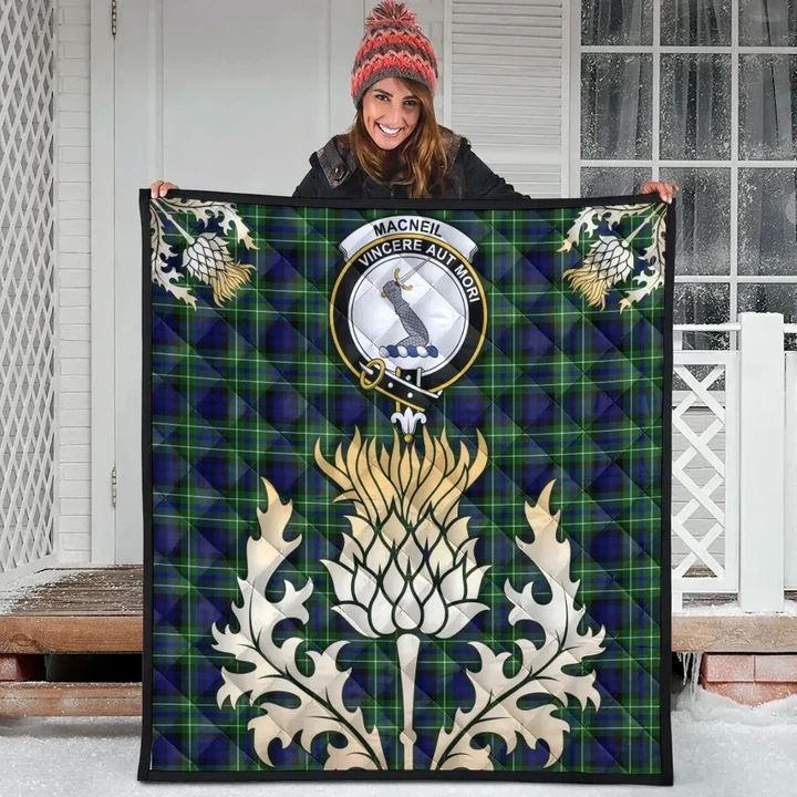 MacNeil of Colonsay Modern Clan Crest Tartan Scotland Thistle Gold Royal Premium Quilt