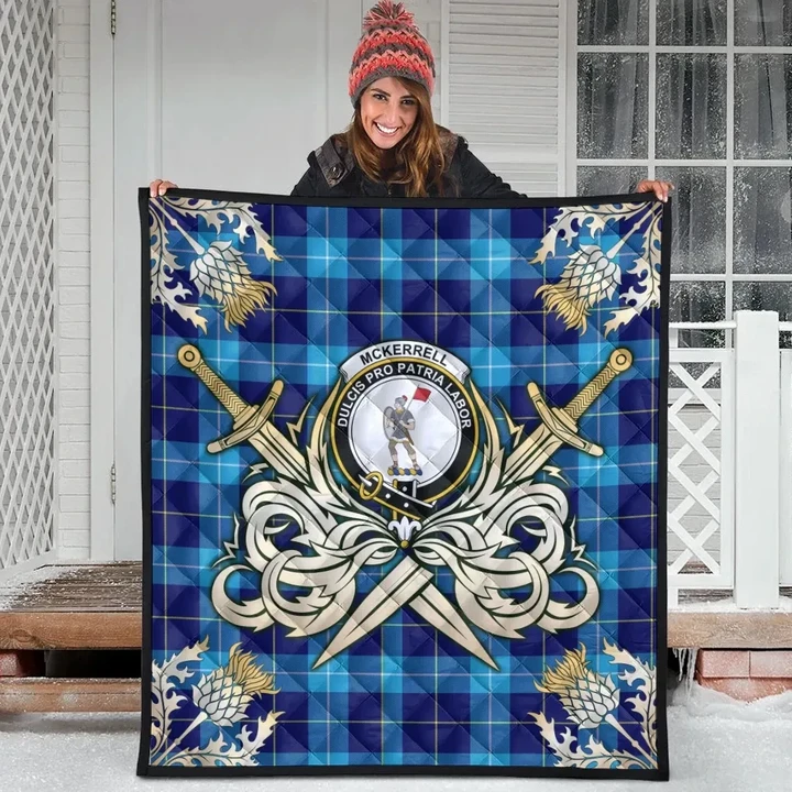 McKerrell Clan Crest Tartan Scotland Thistle Symbol Gold Royal Premium Quilt