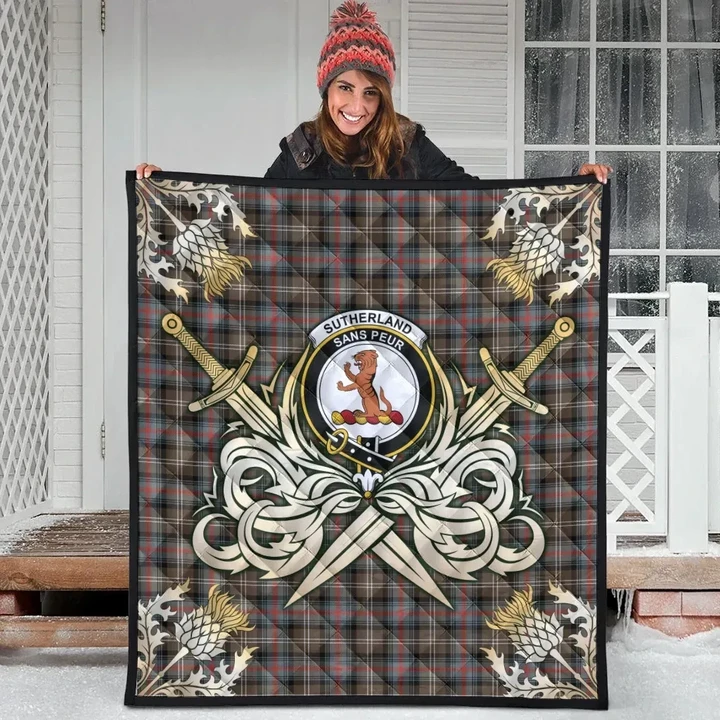 Sutherland Weathered Clan Crest Tartan Scotland Thistle Symbol Gold Royal Premium Quilt