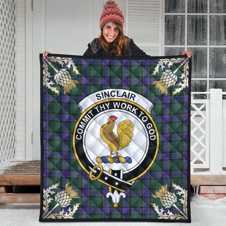 Sinclair Hunting Modern Clan Crest Tartan Scotland Thistle Gold Pattern Premium Quilt