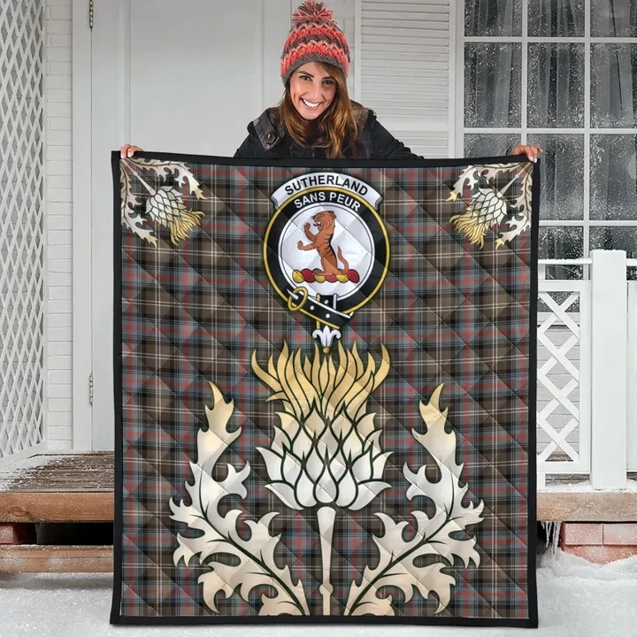 Sutherland Weathered Clan Crest Tartan Scotland Thistle Gold Royal Premium Quilt