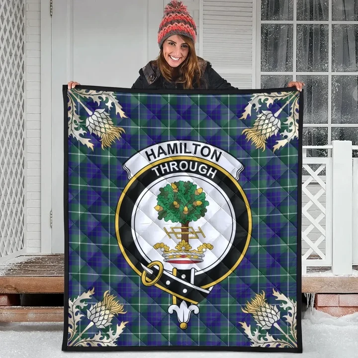 Hamilton Hunting Modern Clan Crest Tartan Scotland Thistle Gold Pattern Premium Quilt