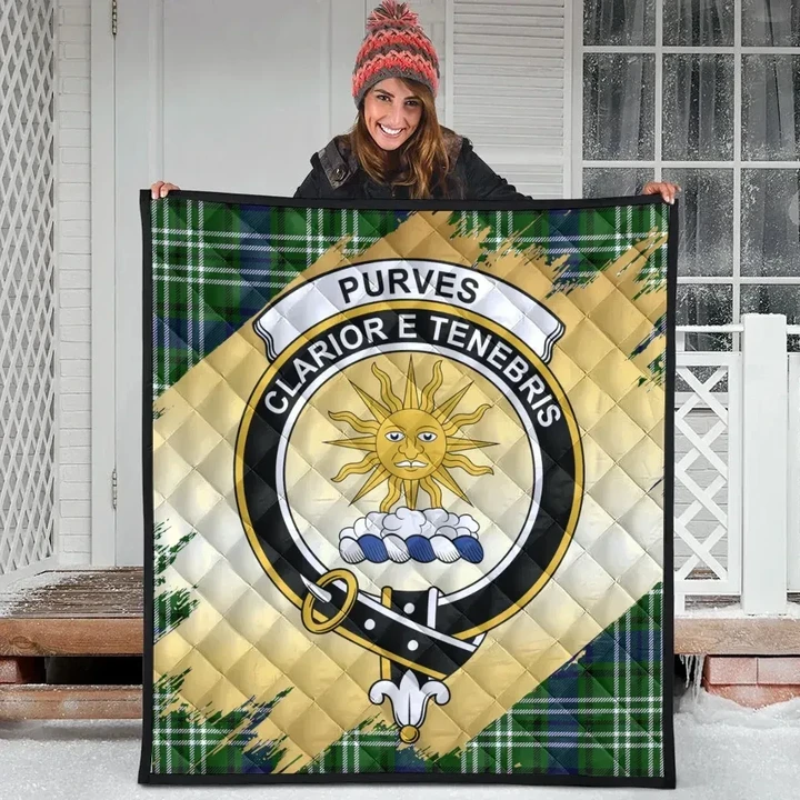 Purves Clan Crest Tartan Scotland Gold Royal Premium Quilt