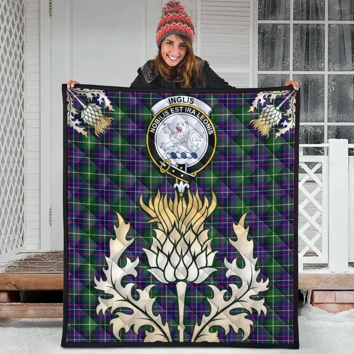 Inglis Modern Clan Crest Tartan Scotland Thistle Gold Royal Premium Quilt