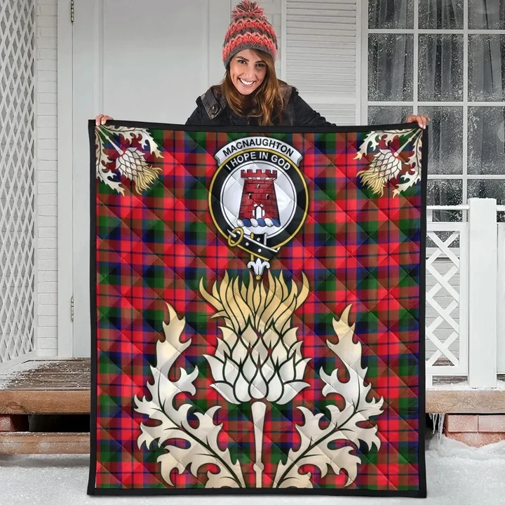 MacNaughton Modern Clan Crest Tartan Scotland Thistle Gold Royal Premium Quilt