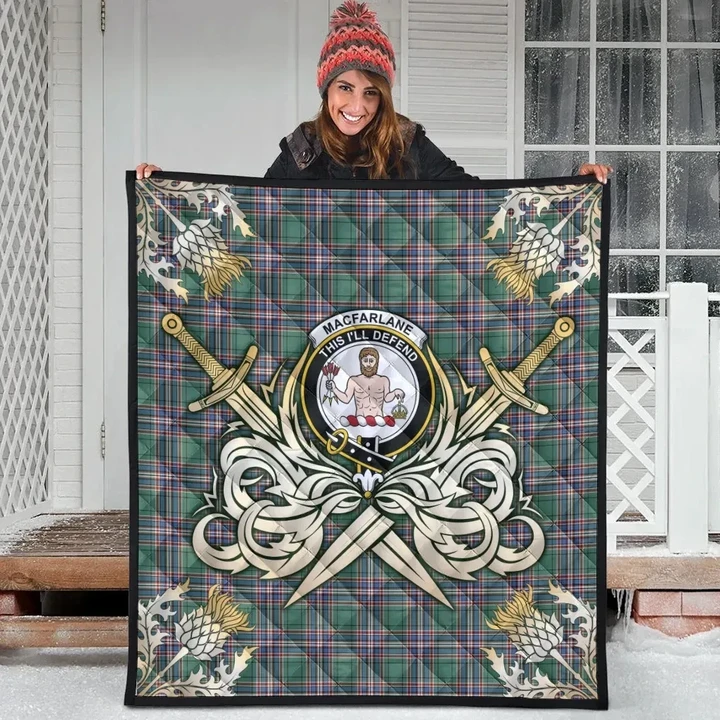 MacFarlane Hunting Ancient Clan Crest Tartan Scotland Thistle Symbol Gold Royal Premium Quilt