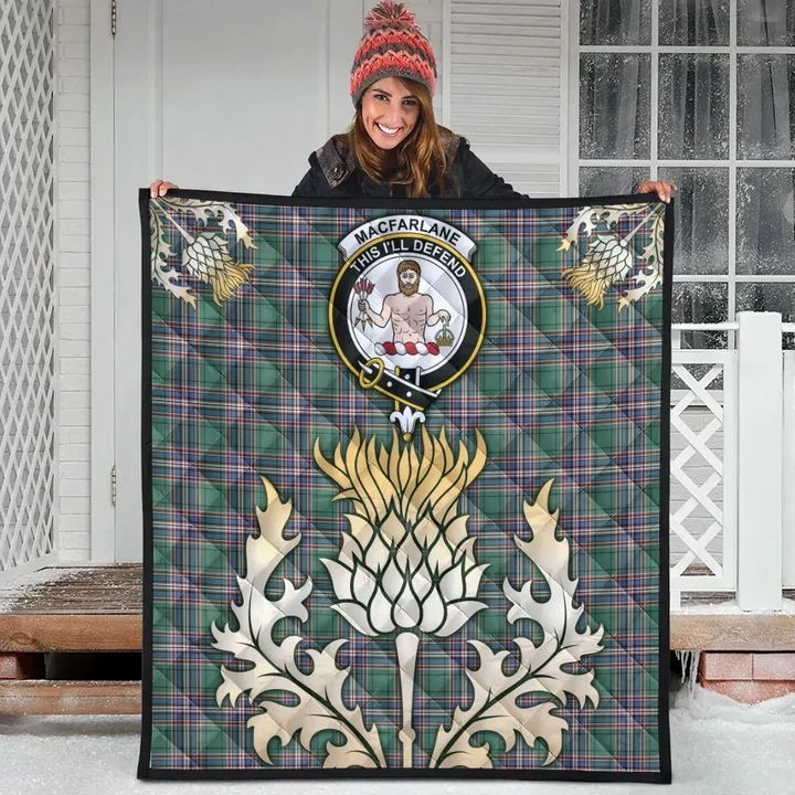 MacFarlane Hunting Ancient Clan Crest Tartan Scotland Thistle Gold Royal Premium Quilt