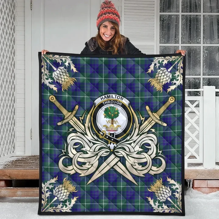 Hamilton Hunting Modern Clan Crest Tartan Scotland Thistle Symbol Gold Royal Premium Quilt