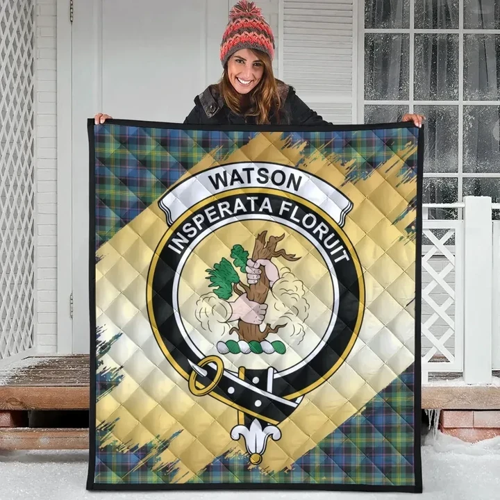 Watson Ancient Clan Crest Tartan Scotland Gold Royal Premium Quilt