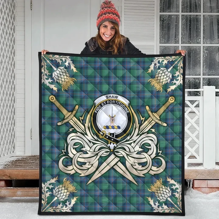 Shaw Ancient Clan Crest Tartan Scotland Thistle Symbol Gold Royal Premium Quilt