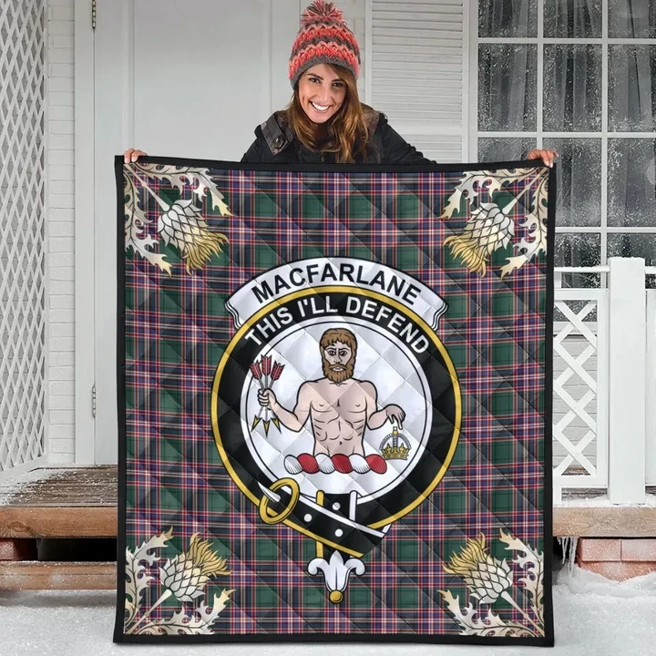 MacFarlane Hunting Modern Clan Crest Tartan Scotland Thistle Gold Pattern Premium Quilt