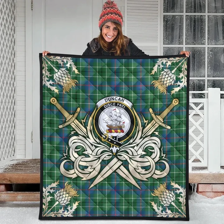 Duncan Ancient Clan Crest Tartan Scotland Thistle Symbol Gold Royal Premium Quilt