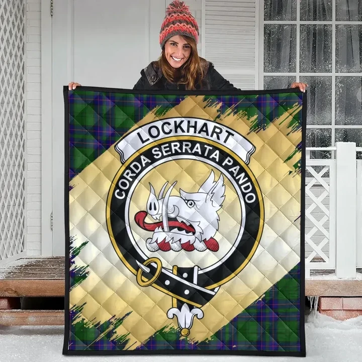 Lockhart Modern Clan Crest Tartan Scotland Gold Royal Premium Quilt