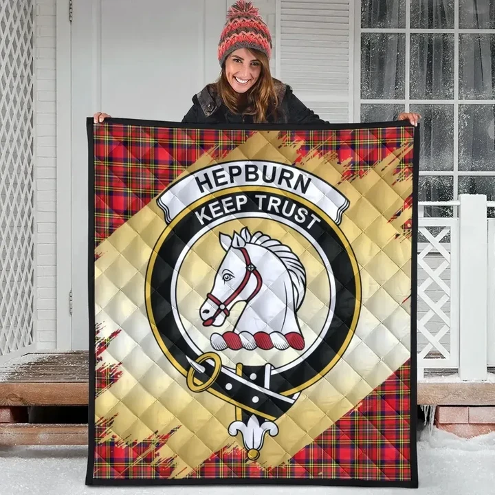 Hepburn Clan Crest Tartan Scotland Gold Royal Premium Quilt