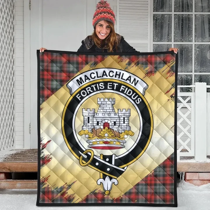 MacLachlan Weathered Clan Crest Tartan Scotland Gold Royal Premium Quilt