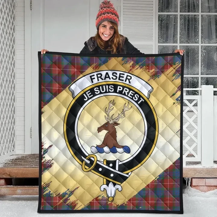 Fraser Ancient Clan Crest Tartan Scotland Gold Royal Premium Quilt