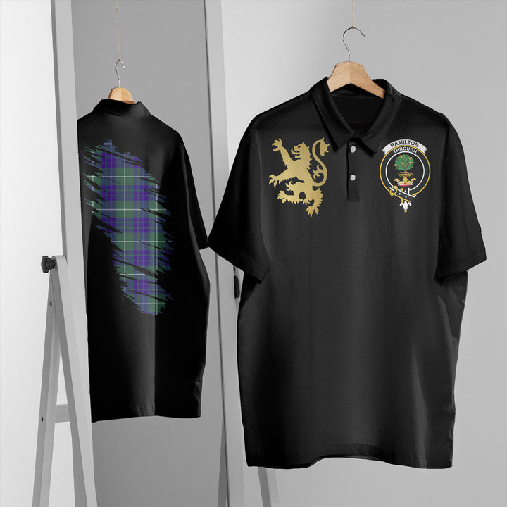 Scottish Hamilton Hunting Modern Tartan Crest Polo Shirt Scotland In My Bone With Golden Rampant