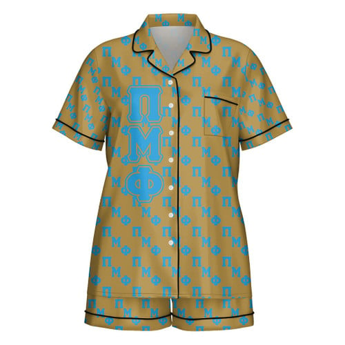 Getteestore Imitation Silk Pajama Set With Short Sleeve - Pi Mu Phi Military Sorority Letters Pattern A31