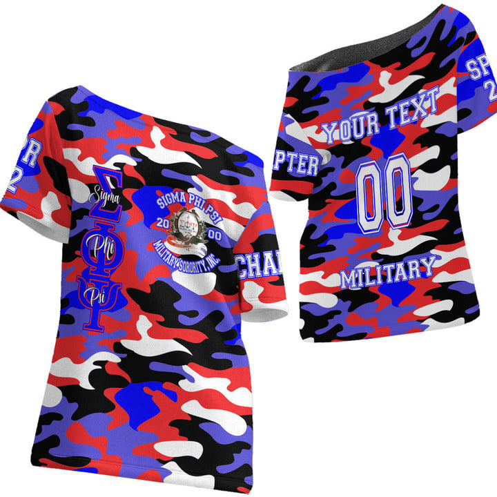Sigma Phi Psi Camo Off Shoulder T-Shirt A35 |Africazone.store