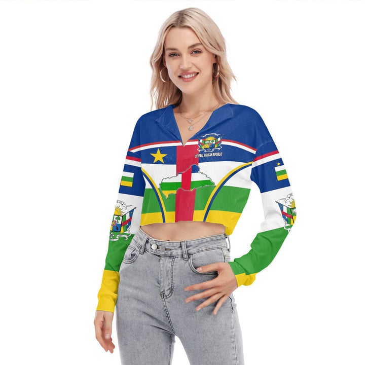 1sttheworld Clothing - Central African Republic Active Flag Women's V-neck Lapel Long Sleeve Cropped T-shirt A35