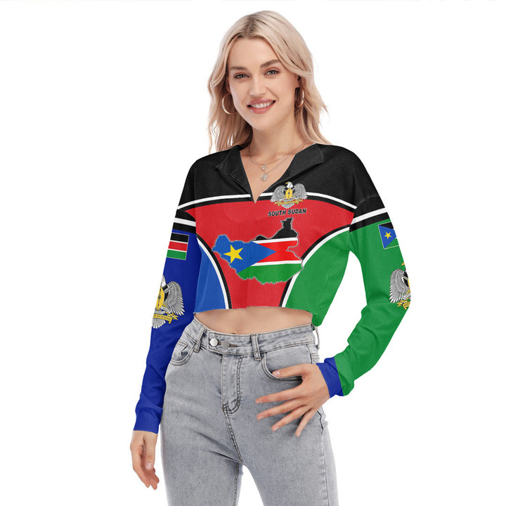 1sttheworld Clothing - South Sudan Active Flag Women's V-neck Lapel Long Sleeve Cropped T-shirt A35