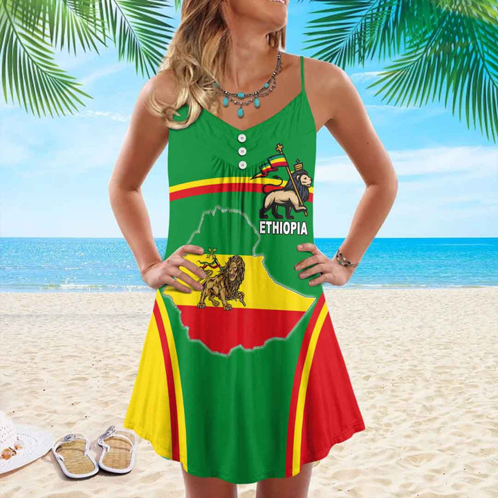 1sttheworld Clothing - Ethiopia Lion Bincjou Strap Summer Dress A35