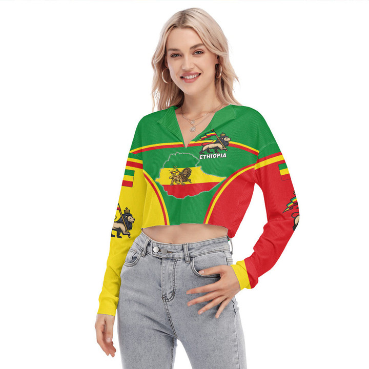 1sttheworld Clothing - Ethiopia Lion Active Flag Women's V-neck Lapel Long Sleeve Cropped T-shirt A35