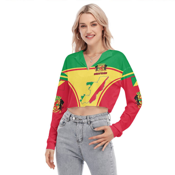 1sttheworld Clothing - Republic of the Congo Active Flag Women's V-neck Lapel Long Sleeve Cropped T-shirt A35