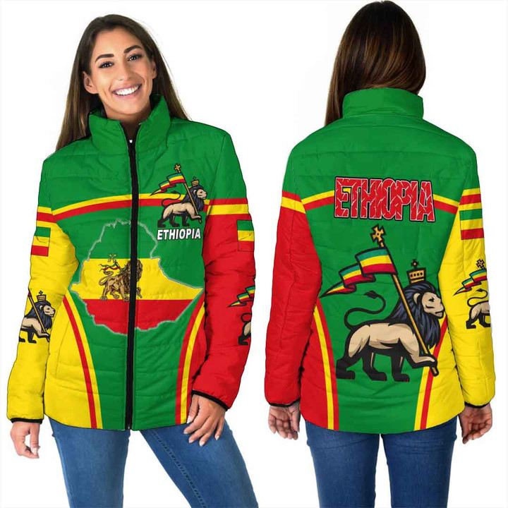 1sttheworld Clothing - Ethiopia Lion Active Flag Women Padded Jacket a35
