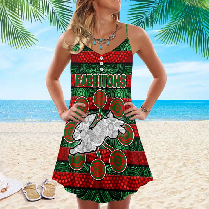 1sttheworld Clothing - Rabbitohs Aboriginal Bincjou Strap Summer Dress A35