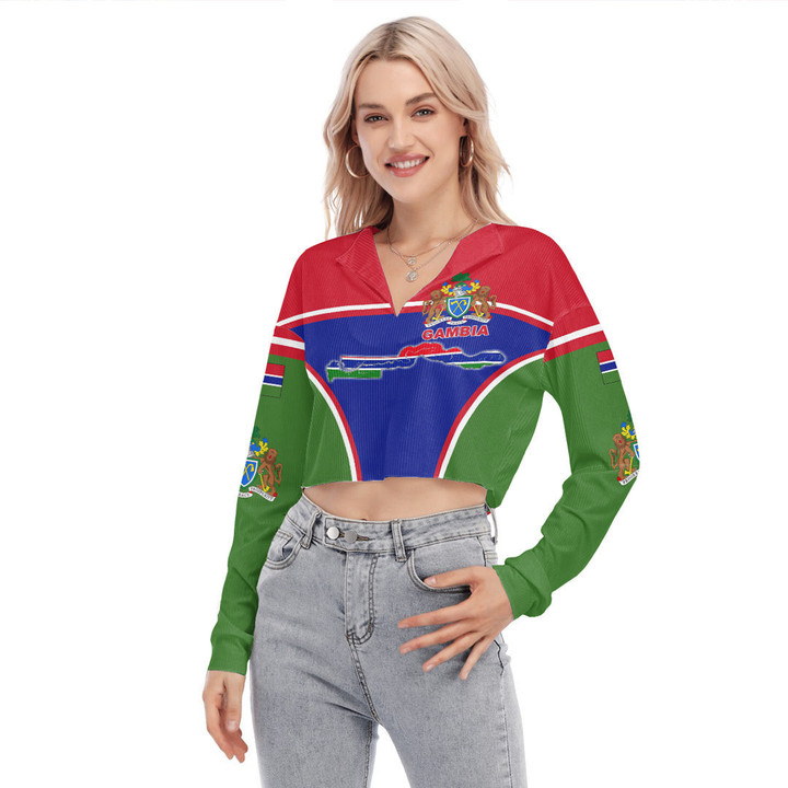 1sttheworld Clothing - Gambia Active Flag Women's V-neck Lapel Long Sleeve Cropped T-shirt A35