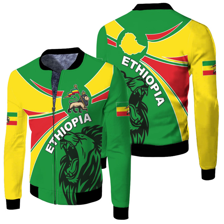 1sttheworld Clothing - Ethiopia Round Coat Of Arms Lion Fleece Winter Jacket A35 | 1sttheworld